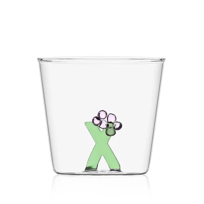 Bicchiere in vetro tumbler con alfabeto fiorito lettera “X” GreenWood