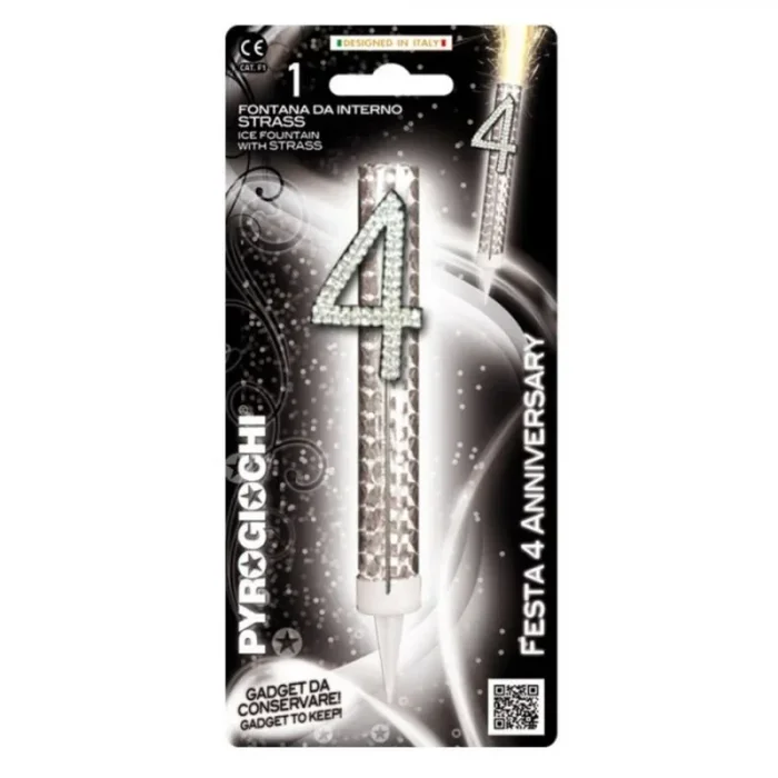 Candela Fiaccola Numero 4 Argento Glitter Fontana da interno Magic Flambè