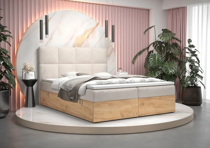Eccezionale letto matrimoniale con contenitore Pilio 51, colore: Beige / Golden Craft oak – superficie di sdraio: 160 x 200 cm (l x p)