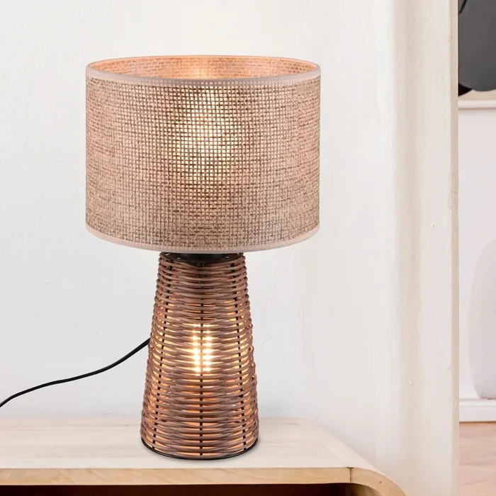 Lampada da Tavolo in Rattan Naturale con Paralume in Rafia Beige 2xE27 Altezza 40 cm