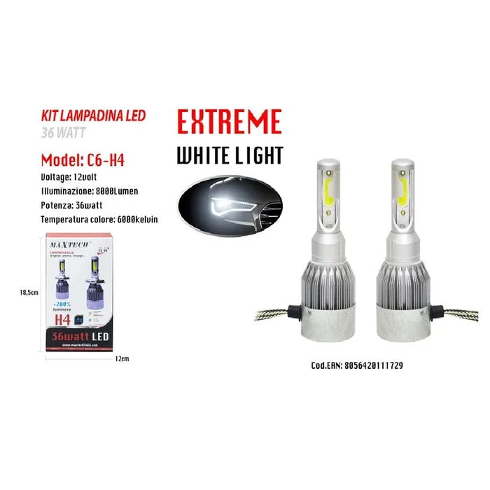 LED AUTO E MOTO LAMPADE FARI MAXTECH H4 C6 KIT LAMPADINE 36W LUCE BIANCA 6000K