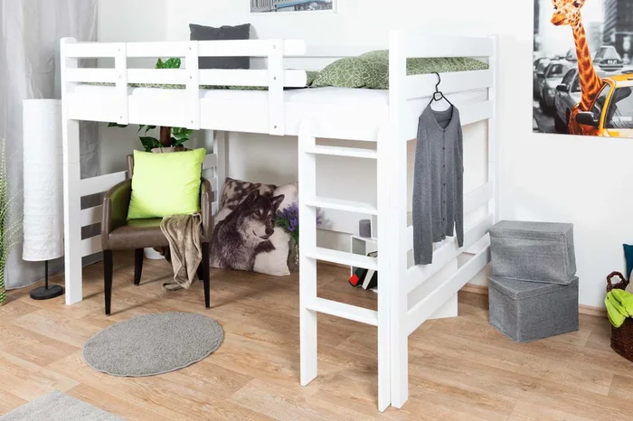 Letto a soppalco per adulti “Easy Premium Line” K23/n, legno massiccio di faggio, laccato bianco, divisibile – base materasso: 120 x 190 cm