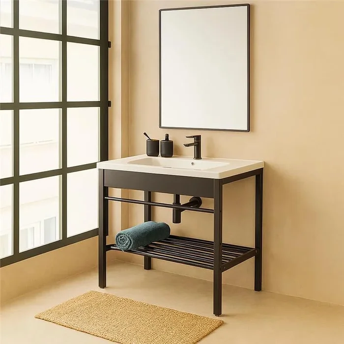Mobile bagno 60×47 a pavimento nero con lavabo e specchio Borg
