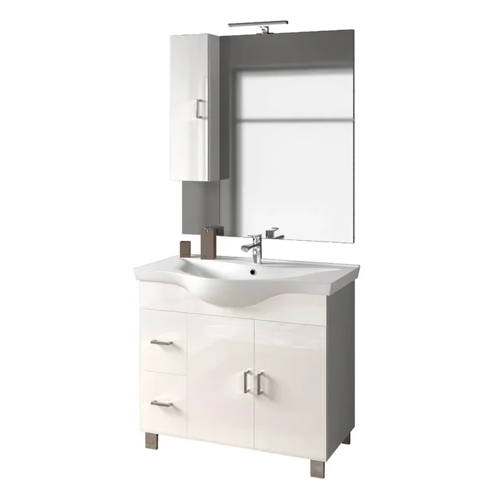 Mobile Bagno 80cm a Terra Imputable Ante E Cassetti, Specchio con Pensile e Lampada