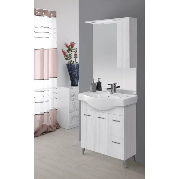 Mobile Bagno a Terra 85 Cm Due Ante Due Cassetti Specchio Con Pensile e Fari Led 76×106 Cm Feridras “Stella ” Grigio