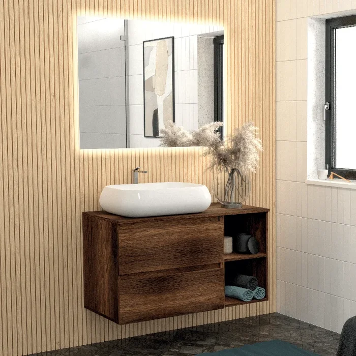 Mobile Bagno Sospeso 120 Cm Due Cassetti Vano a Giorno Specchio Filo Lucido Retroilluminato 100×70 Cm Esseci Arredo Bagno “Minerva Piano “