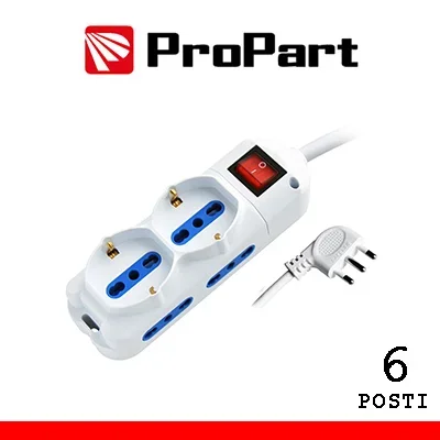 Multipresa 4 Prese Bipasso e 2 Schuko con Interruttore e Spina 16A Bianca con Cavo da 3m