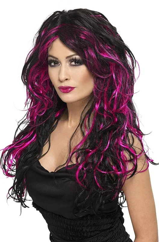 Parrucca donna nera rosa lunga