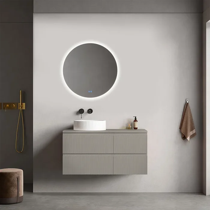 Peregrine bagno sospeso cannettato reversibile 100 cm Grigio Cenere per Lavabo d’appoggio Specchio Tondo Retroilluminato – Fiji Paint Top Canneté