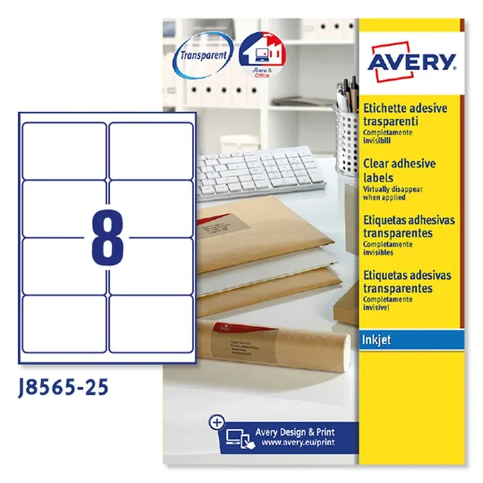 Poliestere adesivo J8565 trasparente 25fg A4 99,1×67,7mm (8et/fg) inkjet Avery