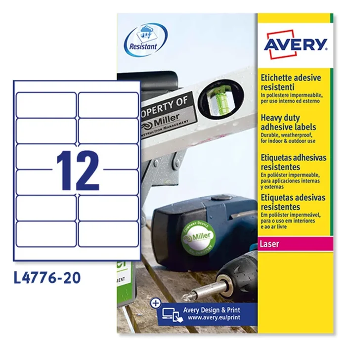 Poliestere adesivo L4776 bianco 20fg A4 99,1×42,3mm (12et/fg) laser Avery
