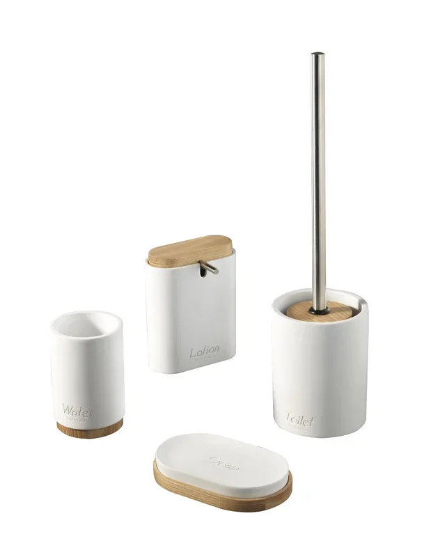 Set 4 Accessori da Bagno in Resina TFT Accessories Bianco e Bambù