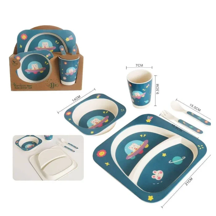 SET PAPPA PER BAMBINI 5 PEZZI CON PIATTI BICCHIERI E POSATE MATERIALE BAMBOO