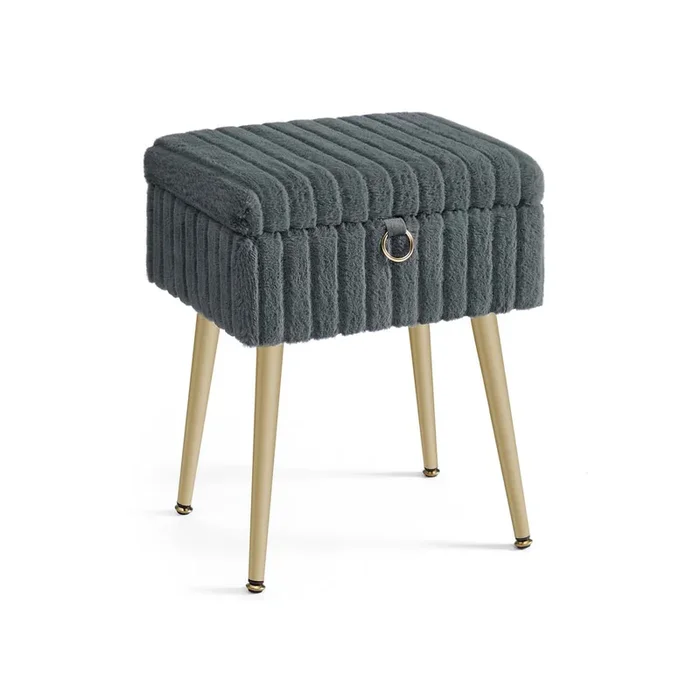 Sgabello da trucco imbottito con contenitore e gambe in metallo