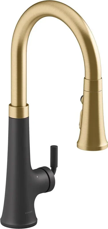 Single Handle Pull Down Touchless Kitchen Faucet in Matte Black/Modern Brass