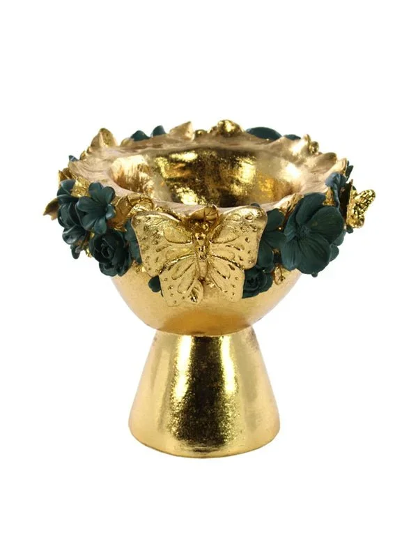 Vaso Decorativo Oro con Fiori Verdi e Farfalla